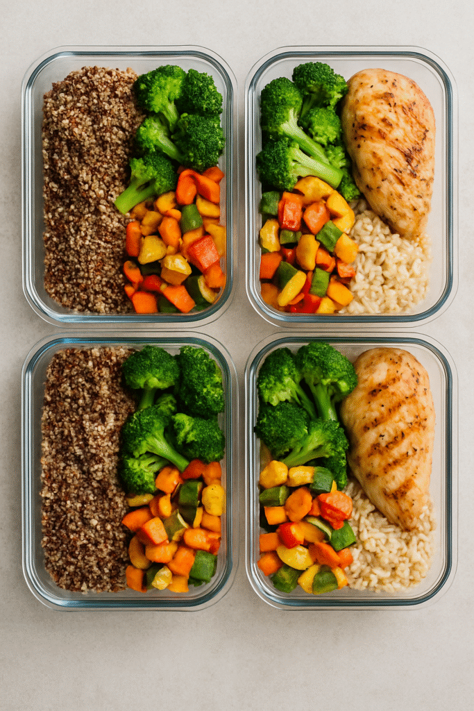 Potes de refeição saudável preparados para a semana, com legumes, grãos e proteína.