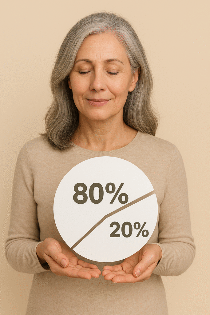 Mulher de meia-idade em ambiente acolhedor, representando equilíbrio e bem-estar no dia a dia, conceito ligado à regra 80-20 para mulheres